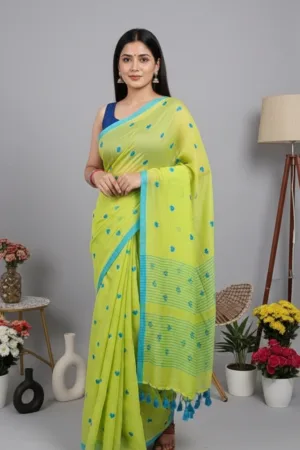 Plain Mul Mul Saree Parrot Green Saree with Blue Heart Emdbroiery