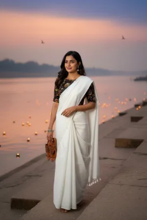 Pure Khadi cotton Saree with printed blouse White