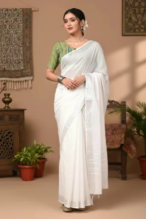 Plain Linen Saree with Printed Blouse White