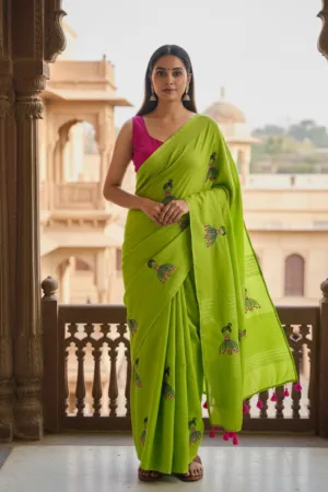 Pure Mul Cotton Saree with Doll Embroidery & Pink Tassels (Without Blouse Piece)