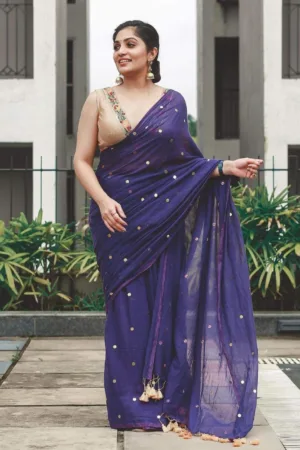 Mul Cotton Premium Saree with Golden 'Ginni' Work Blue