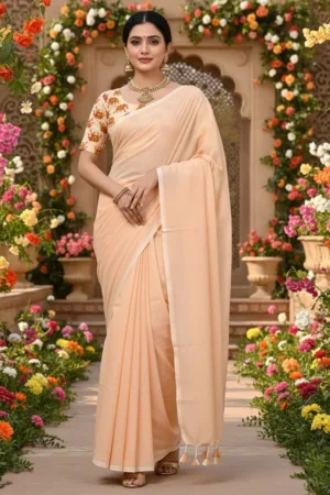 Pure Khadi cotton Saree with printed blouse Peach