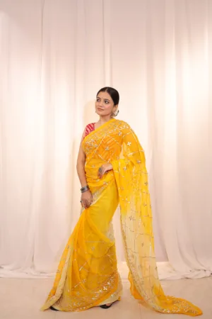 Sutrikaah Yellow Shaded Premium Pure Gorgotte Kachha Gota Handwork Saree with Matching Blouse