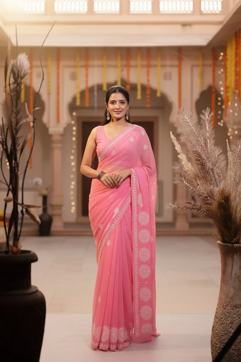 🌸 “Gulabi Nazakat” – Pure Georgette Hand Chikankari Saree